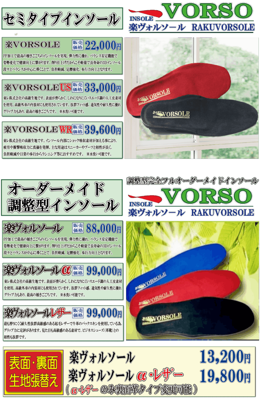 オーダーメイドインソール価格表 張替えも可能
