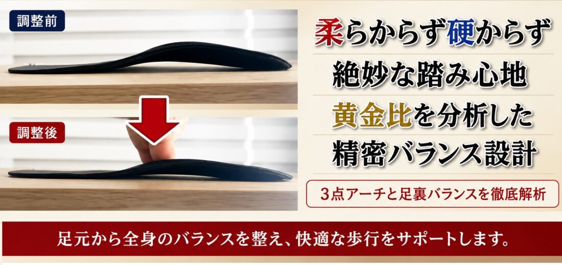 3点アーチと足裏バランスを分析し足に合わせて調整するオーダーメイドインソール