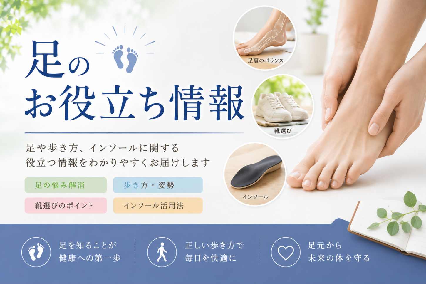足のお役立ち情報を紹介するアイキャッチ画像。歩き方や靴選び、インソール、足裏バランスについて解説。