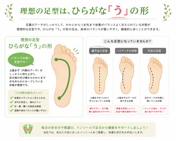 足裏のアーチとひらがなの「う」の形をイメージした足型の説明図