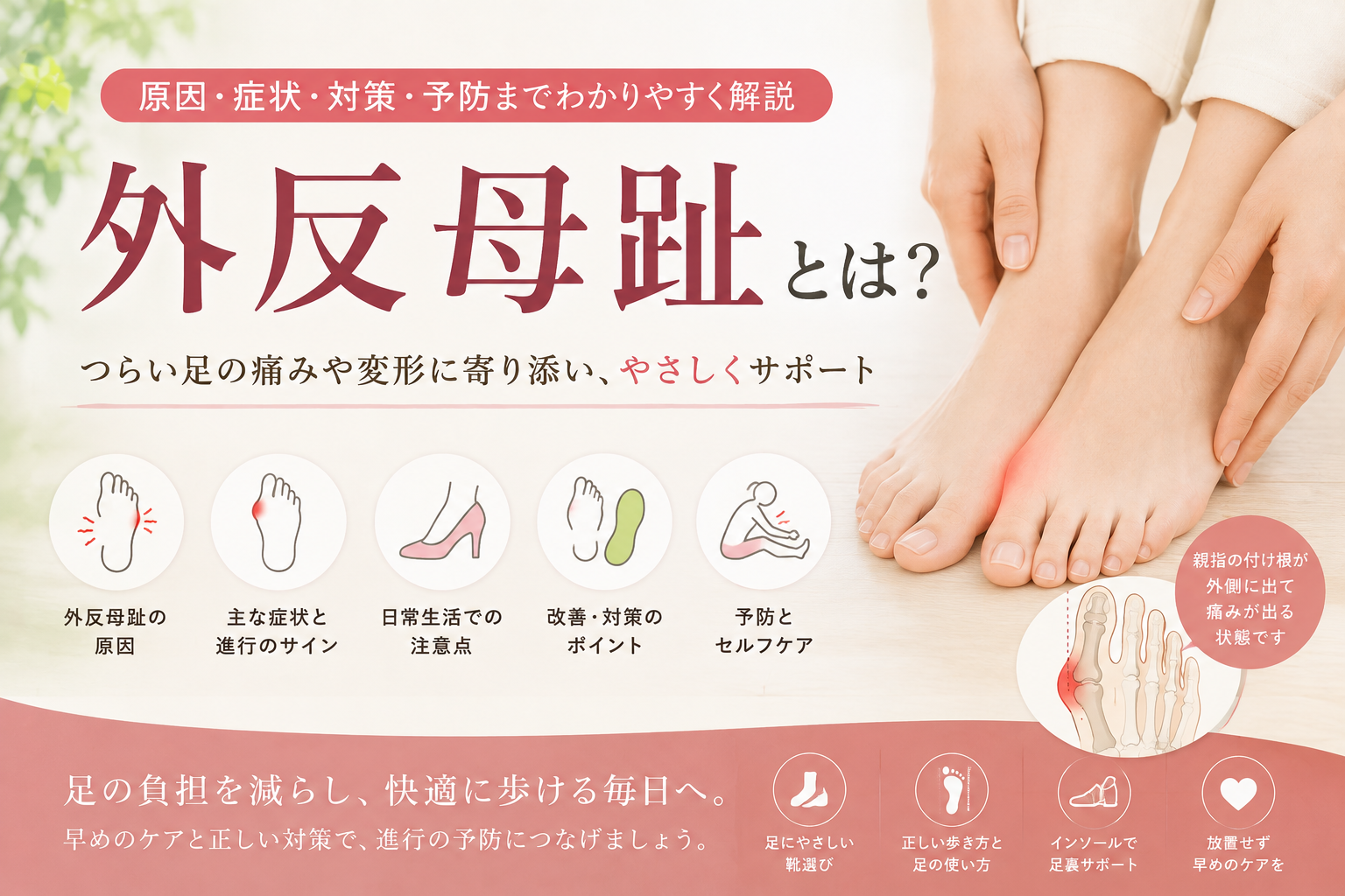 外反母趾の原因や症状、予防やセルフケアを解説するアイキャッチ画像