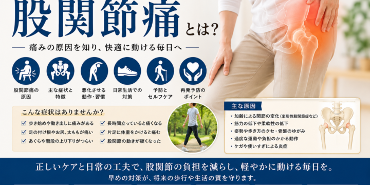 股関節痛の原因や症状、対策をイメージしたアイキャッチ画像
