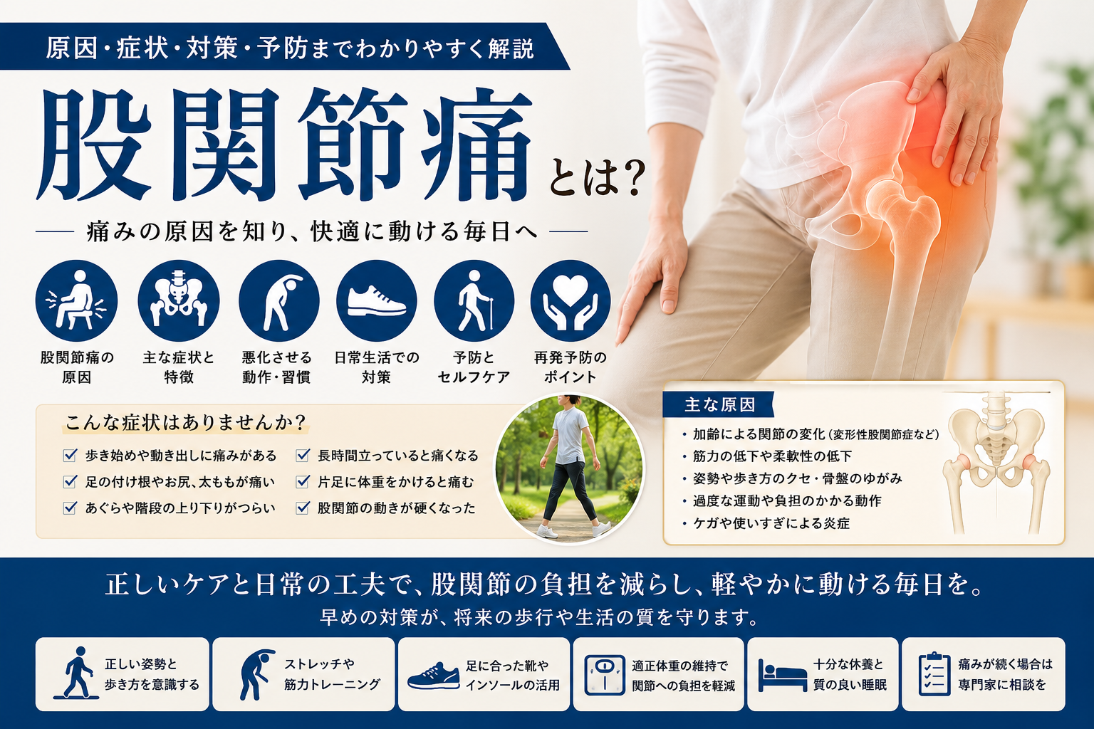股関節痛の原因や症状、対策をイメージしたアイキャッチ画像
