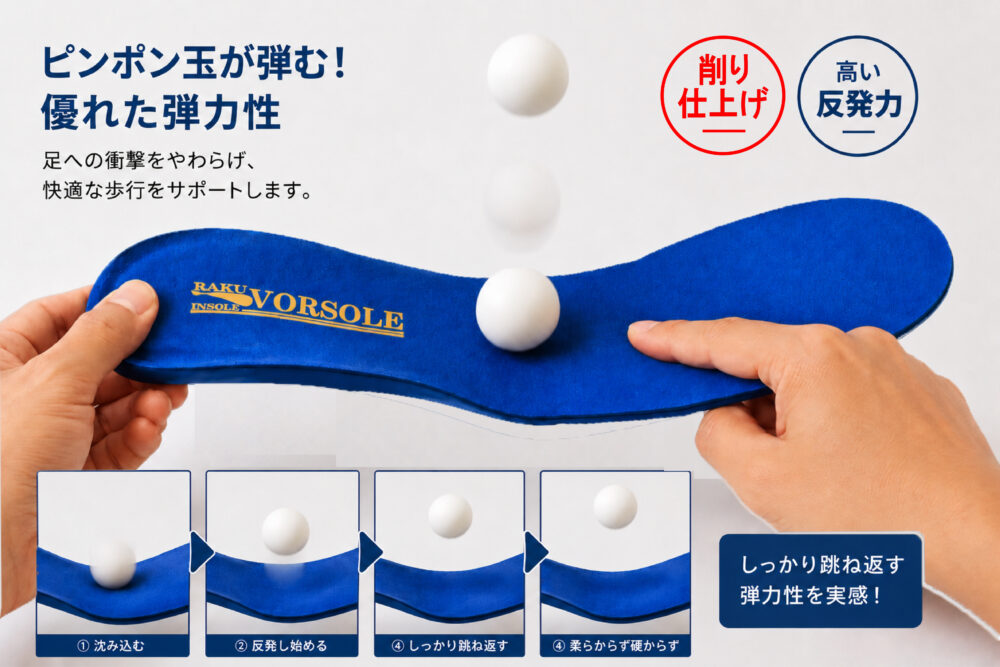 ピンポン玉が弾む様子でインソールの弾力性を表現したイメージ