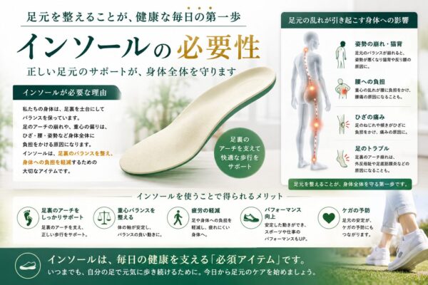 インソールの必要性を解説した図。足裏のアーチや重心バランスを支え、姿勢や歩行をサポートし、身体への負担軽減につながることを紹介しています。