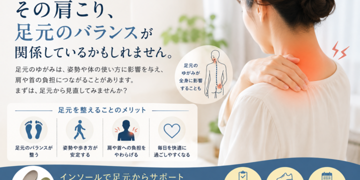 肩こりと姿勢・足元のバランスについて紹介するイメージ