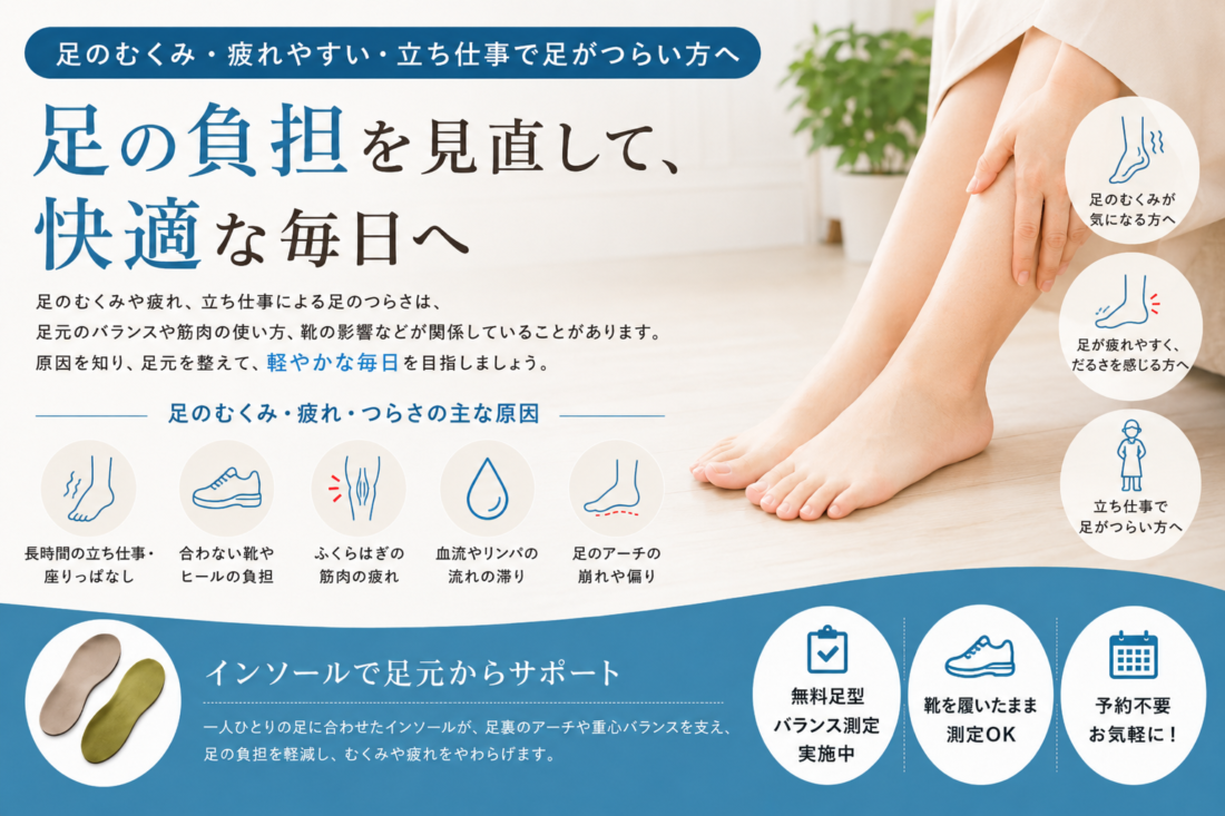 足のむくみ・疲れやすい・立ち仕事で足がつらい方の足元ケア