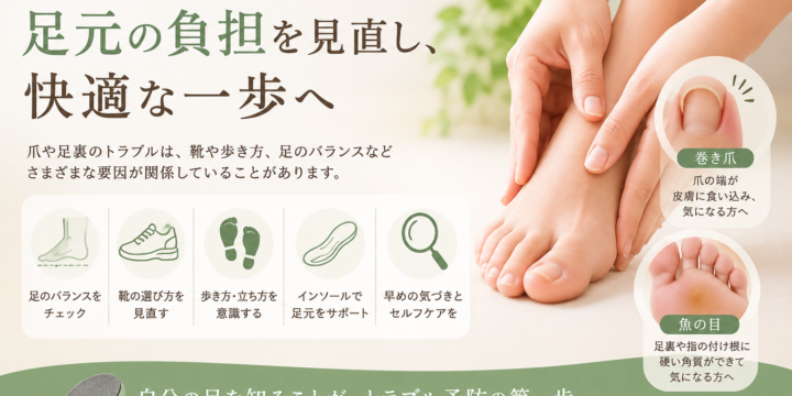 巻き爪・魚の目と足元の負担について紹介するイメージ