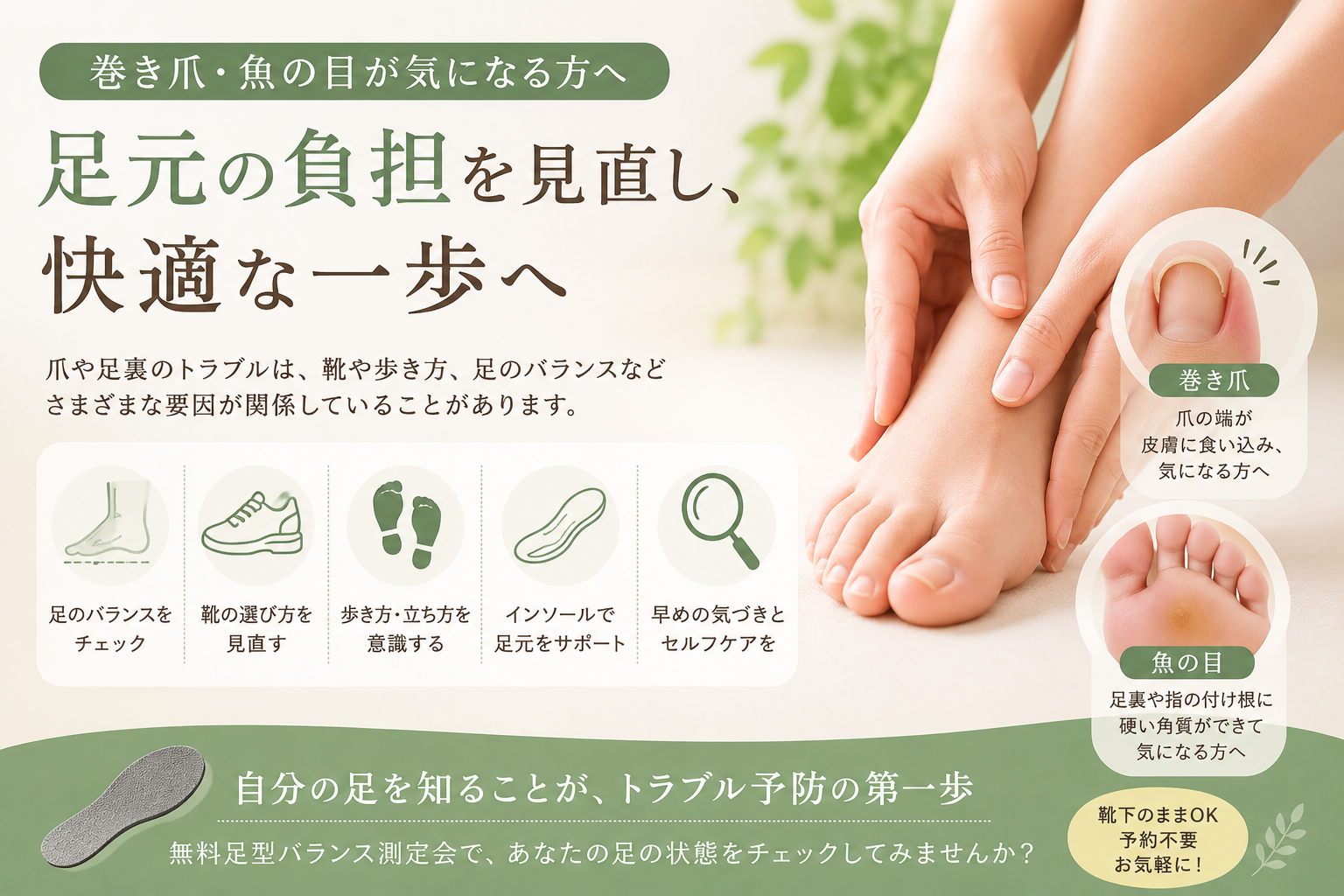 巻き爪・魚の目と足元の負担について紹介するイメージ