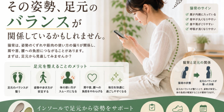 猫背と姿勢・足元のバランスについて紹介するイメージ