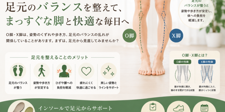 O脚・X脚と足元のバランスについて紹介するイメージ