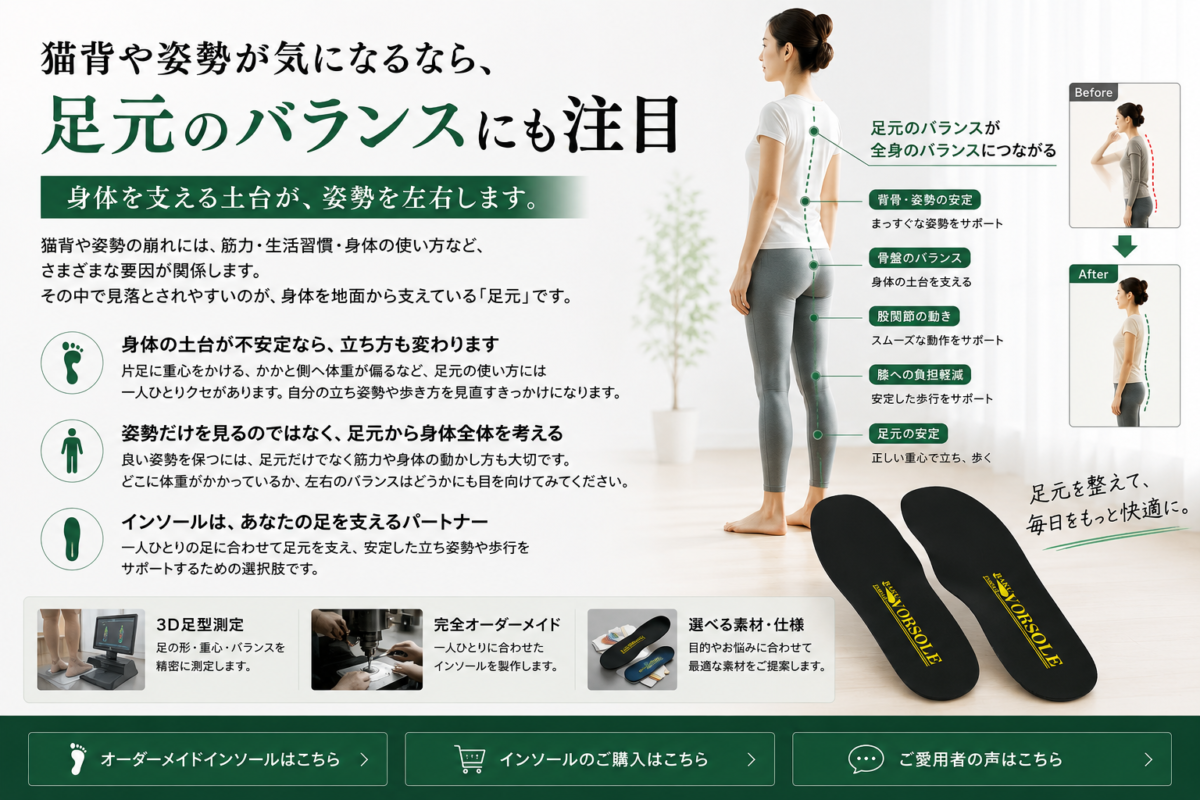 猫背や姿勢の崩れと足元のバランスの関係を解説するインソールのイメージ。足元から姿勢を支えるオーダーメイドインソール。