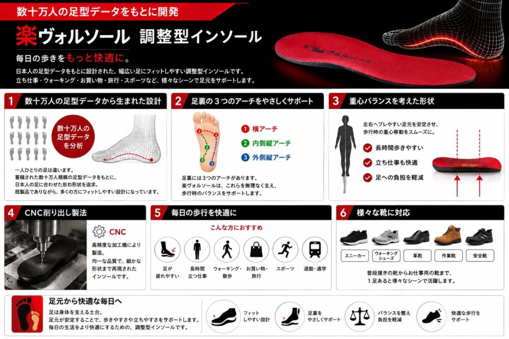 楽ヴォルソール既製品インソール。足裏3つのアーチをサポートし、重心バランスや歩きやすさを考えた調整型インソール。