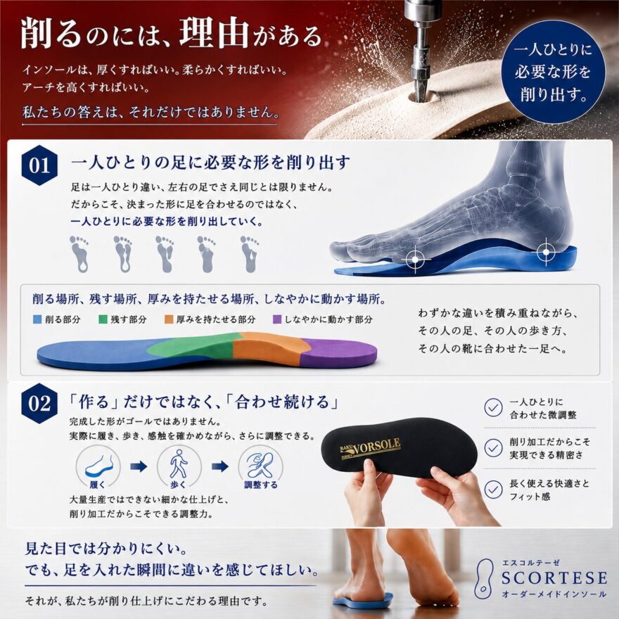 一人ひとりの足型や歩き方に合わせて削り加工を行うエスコルテーゼのオーダーメイドインソール。削る場所・残す場所・厚みを調整し、快適なフィット感を実現します。