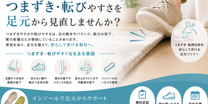 つまずく・転びやすい原因と足元のバランス、インソールについて解説した画像
