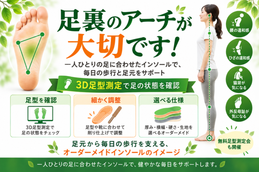足裏アーチと3D足型測定で、一人ひとりの足に合わせたオーダーメイドインソールを案内する画像